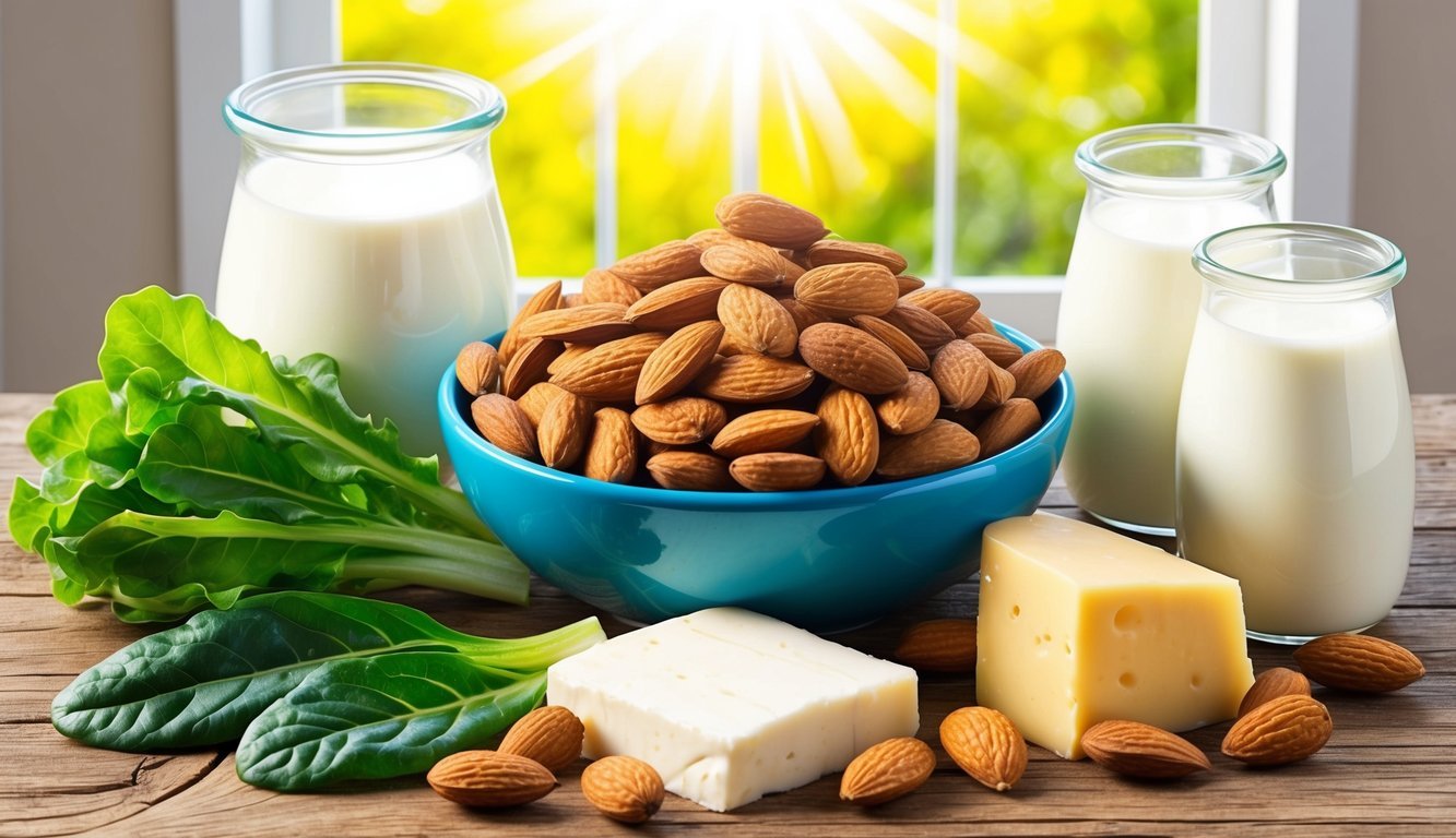 A bowl of almonds surrounded by various sources of calcium and vitamin D, such as dairy products, leafy greens, and sunlight streaming through a window