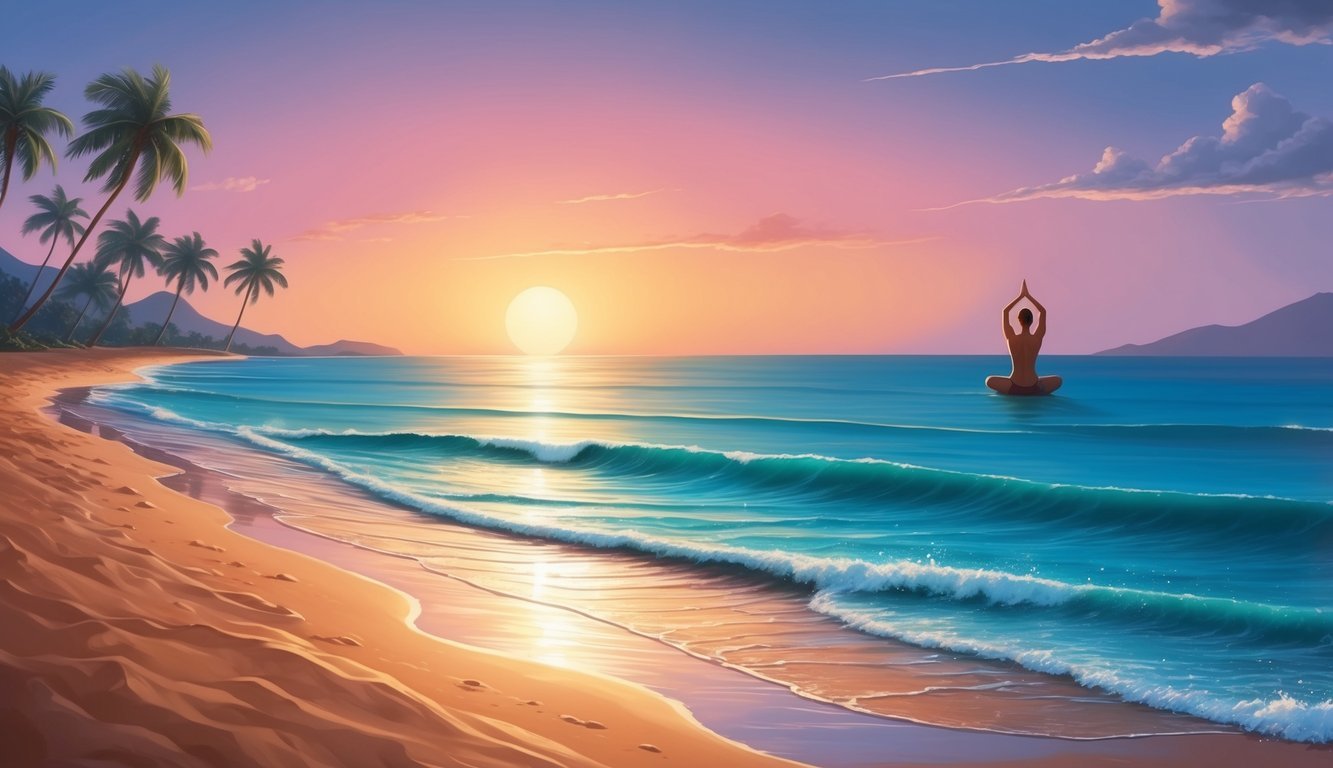 A serene sunset over a peaceful beach, with waves gently lapping the shore and a lone figure practicing yoga in the distance