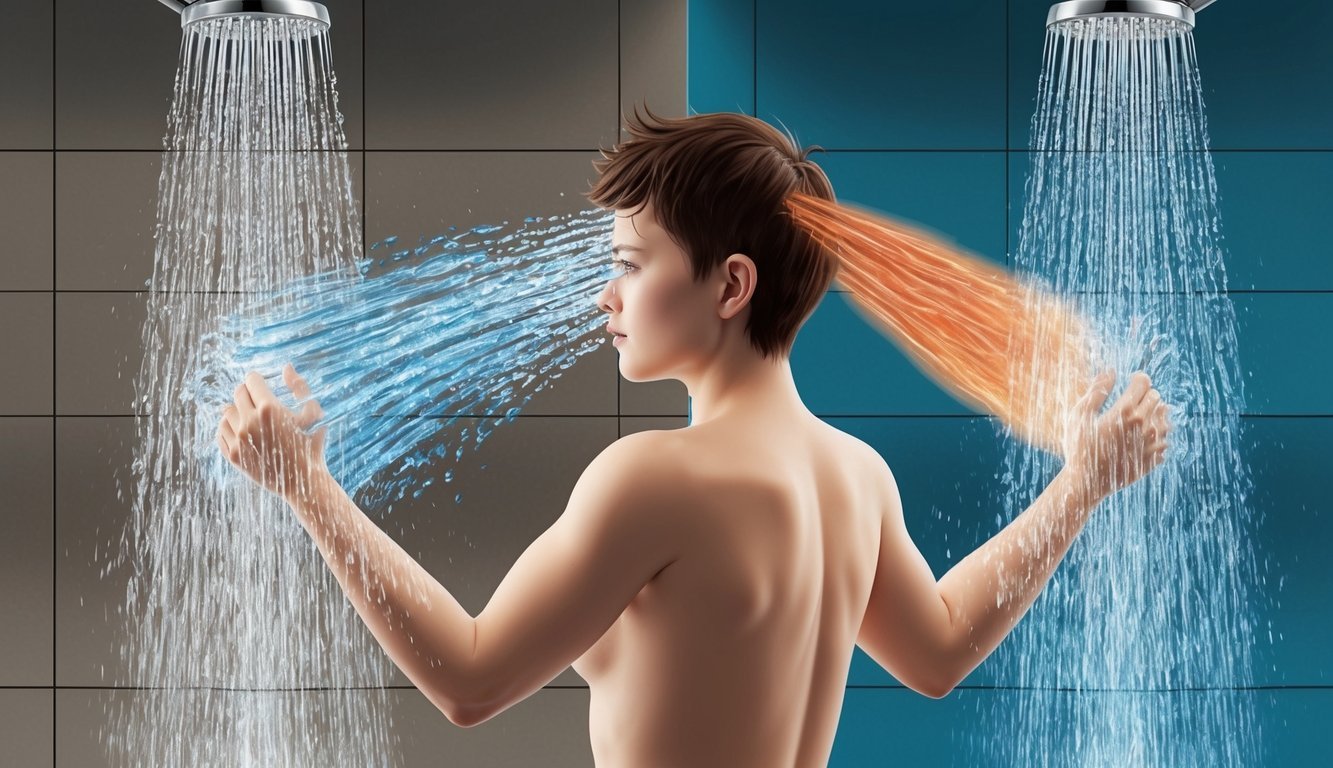 A person standing under a contrast shower, with one side of the body being hit by cold water and the other side by hot water