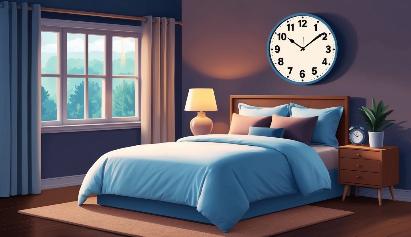 A cozy bedroom with a dimly lit lamp, a neatly made bed, and a clock showing the time in the 7-9 hour range