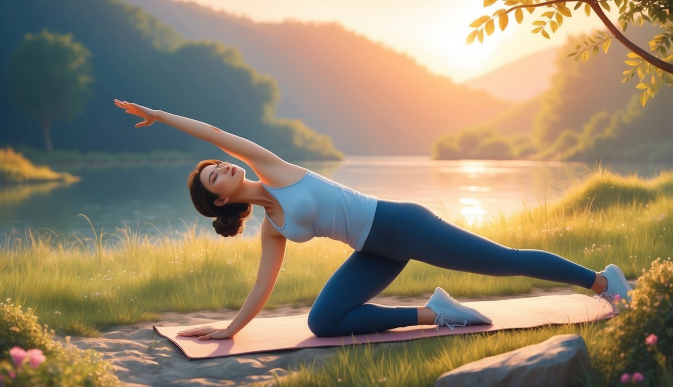 A person is shown stretching in a peaceful, natural setting, with warm sunlight and a sense of relaxation and rejuvenation