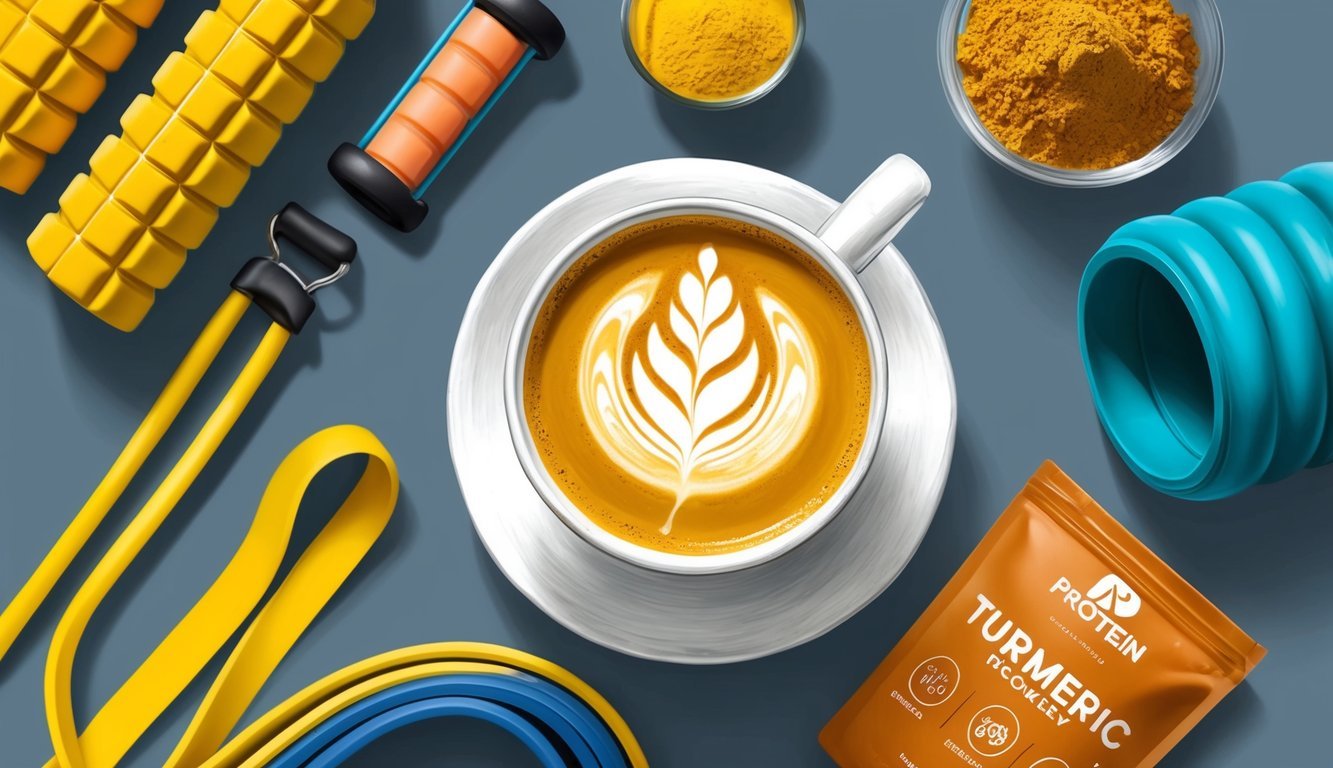 A warm turmeric latte surrounded by post-workout recovery essentials like foam rollers, resistance bands, and protein powder