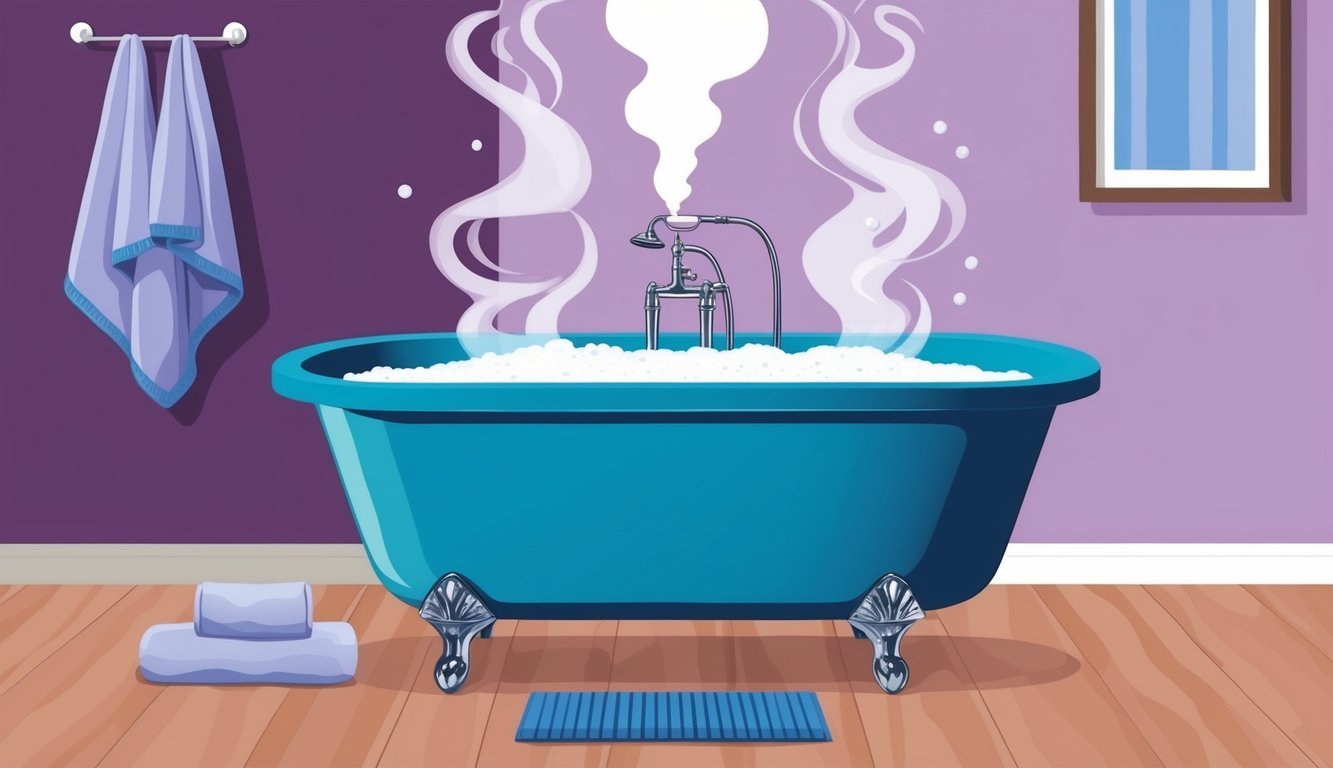 A bathtub filled with warm water and Epsom salt, with steam rising and a towel nearby