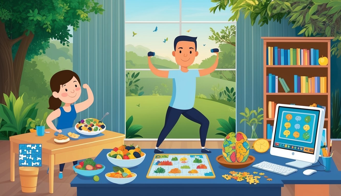 A table with a variety of brain-boosting foods, a person exercising, a puzzle, a bookshelf, a computer with brain-training games, and a serene outdoor setting with nature