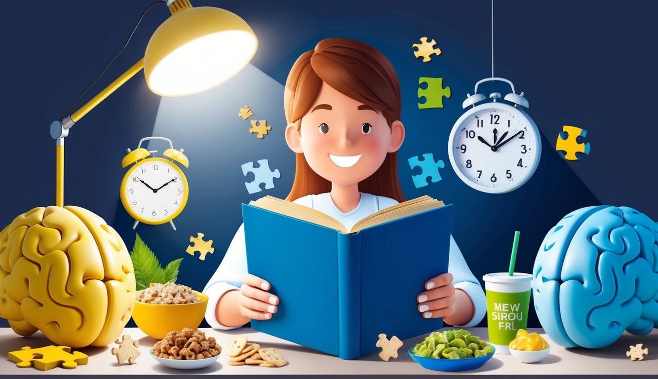 A person reading a book surrounded by brain-shaped puzzles, healthy snacks, and a clock, with a bright light illuminating the scene