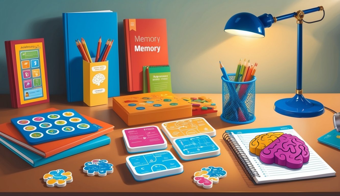 A table with various memory games, a notebook with tips, and a brain-shaped puzzle on a well-lit desk