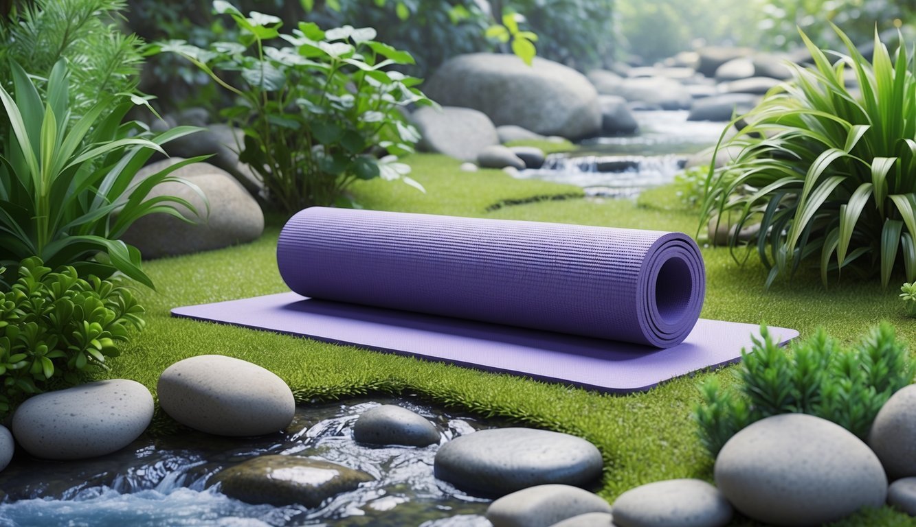 A serene natural setting with a yoga mat surrounded by calming elements such as plants, stones, and a gentle stream