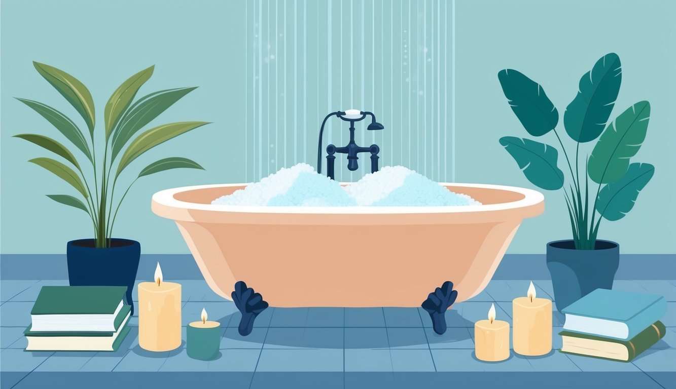 A serene bath with Epsom salt surrounded by candles, plants, and a book, creating a calming atmosphere for reducing stress and anxiety