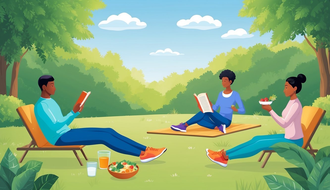 A serene outdoor setting with a person engaged in various activities such as exercise, reading, and healthy eating to promote mental sharpness