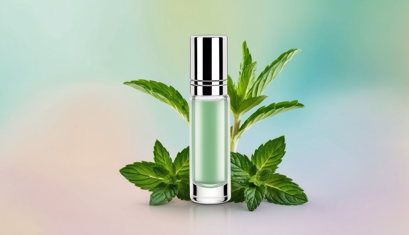 A clear glass roller bottle with a silver cap, filled with peppermint-scented liquid, surrounded by sprigs of fresh peppermint and a backdrop of soft, calming colors