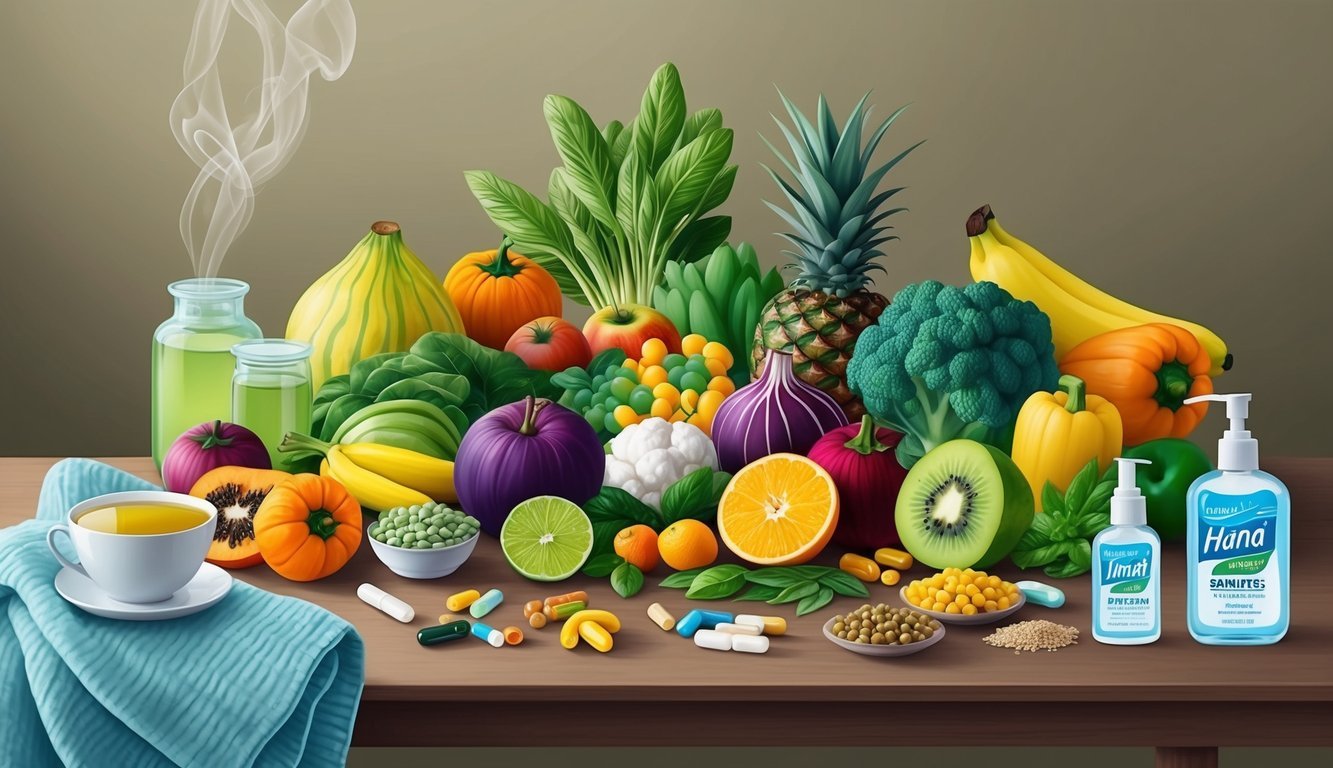 A colorful array of fruits, vegetables, vitamins, and supplements arranged on a table with a steaming cup of herbal tea, a cozy blanket, and a bottle of hand sanitizer nearby