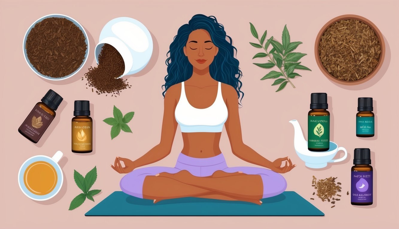 A serene woman surrounded by maca root, herbal teas, yoga mat, essential oils, and calming music