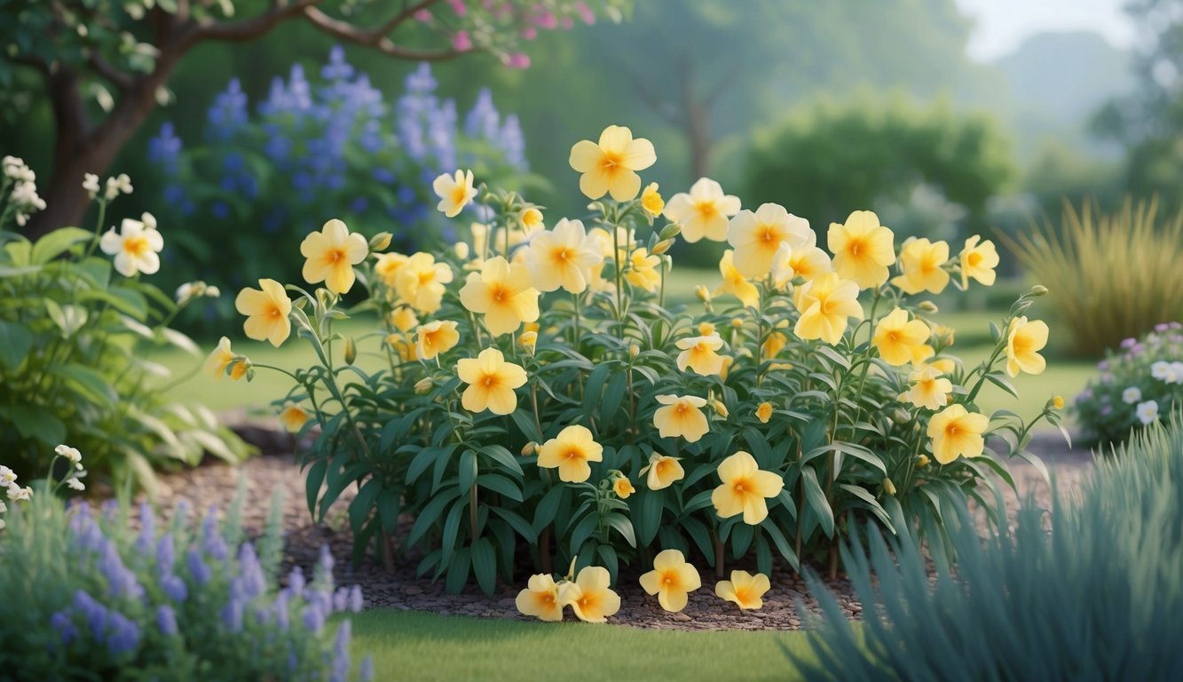 A serene garden with evening primrose flowers in full bloom, surrounded by calm and peaceful natural surroundings