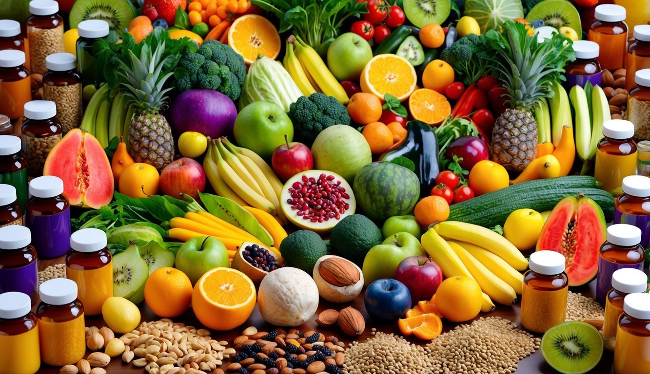 A colorful array of fresh fruits, vegetables, nuts, and seeds arranged in a vibrant and inviting display, surrounded by bottles of vitamins and supplements