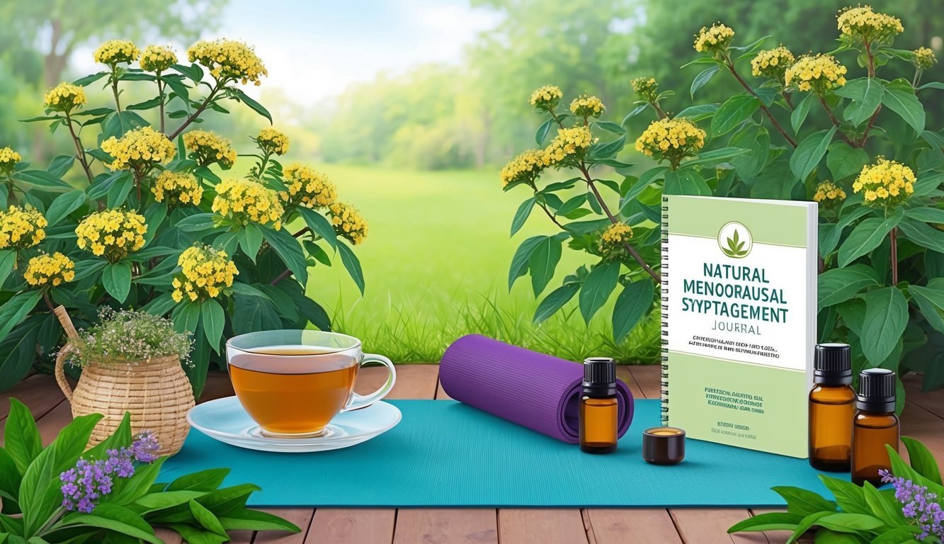 A serene garden with blooming St. John's Wort, herbal tea, yoga mat, essential oils, and a journal for natural menopausal symptom management