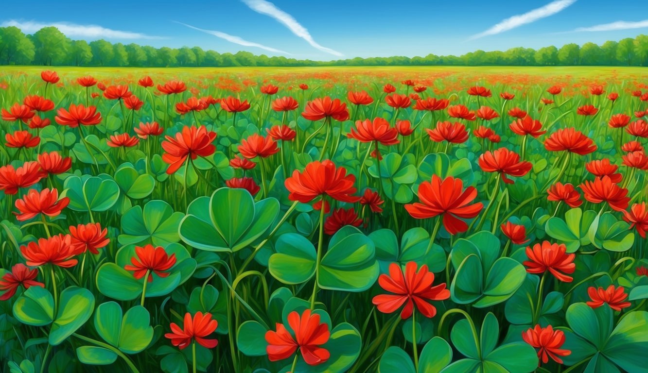 A serene meadow filled with vibrant red clover flowers under a clear blue sky, surrounded by lush greenery