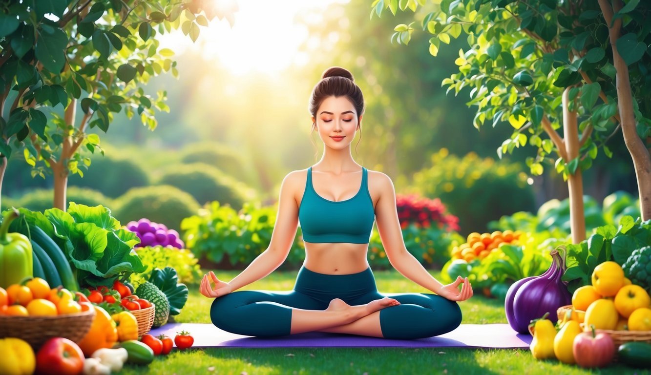 A serene woman practicing yoga in a peaceful garden, surrounded by colorful fruits and vegetables, with a soft glow of sunlight filtering through the trees