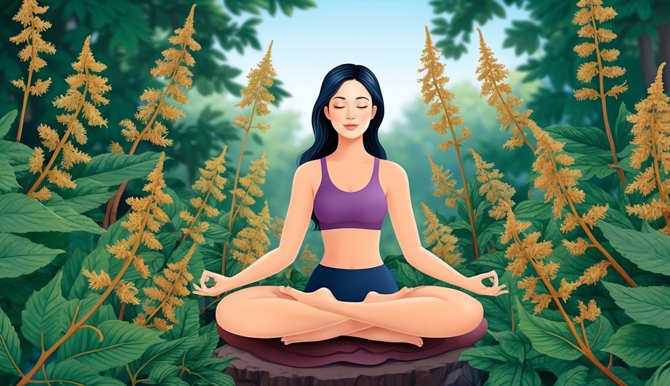 A serene woman surrounded by ginseng plants, practicing yoga and meditation in a peaceful natural setting