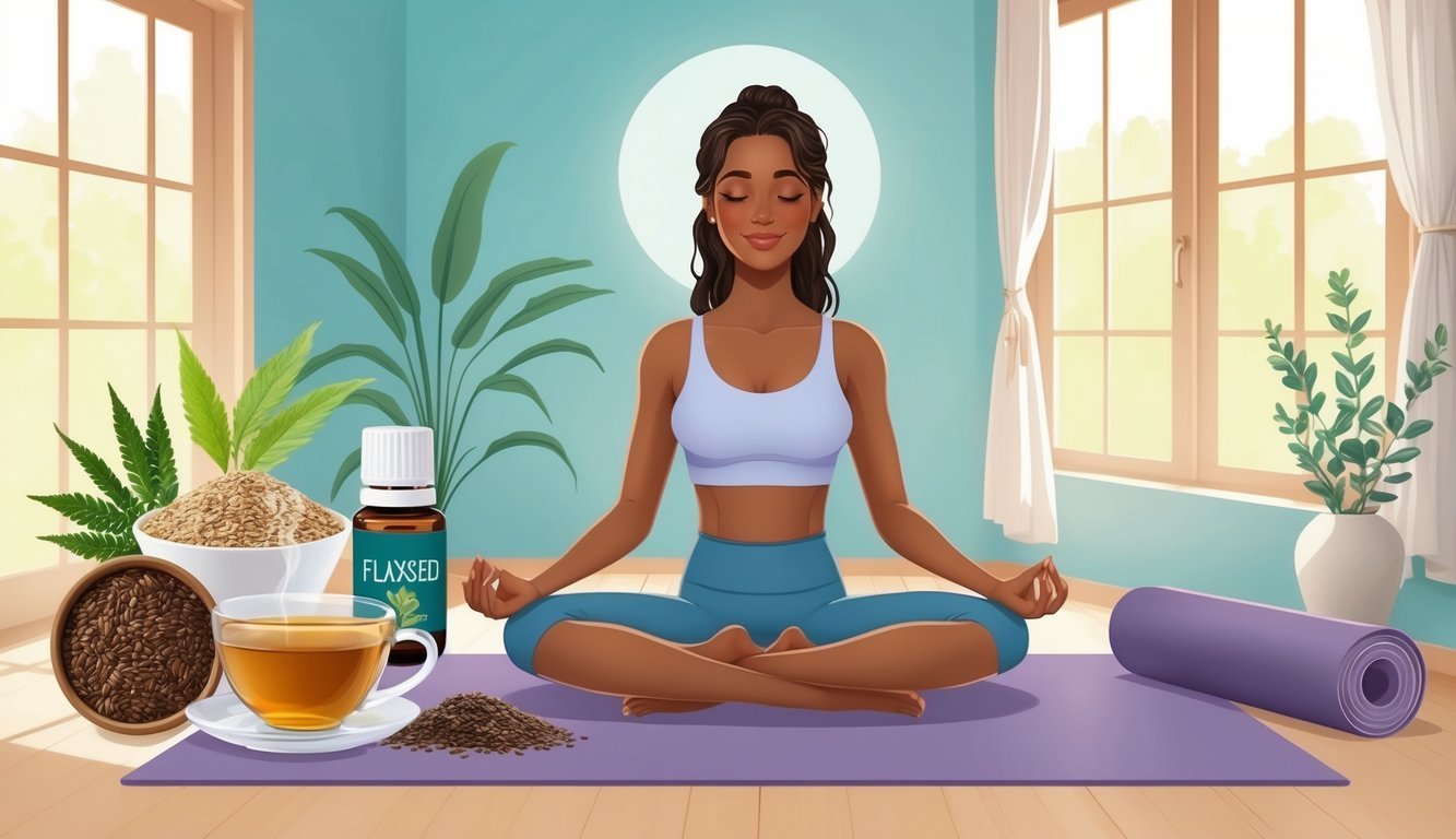 A serene woman surrounded by flaxseed, herbal tea, yoga mat, and essential oils in a peaceful, sunlit room