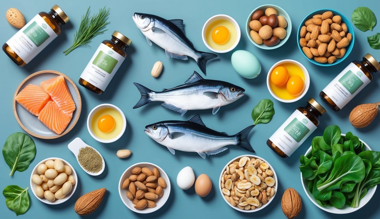 A table with various supplements and foods, including fish, eggs, nuts, and leafy greens, surrounded by bottles and jars with labels indicating their hair growth benefits