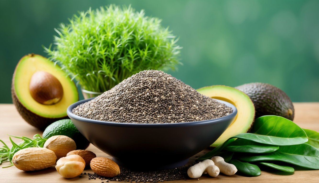 A bowl of chia seeds surrounded by hair-healthy foods and supplements, such as avocados, nuts, and leafy greens, with a vibrant and healthy hair plant growing in the background