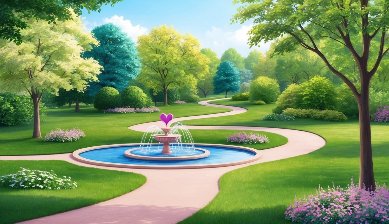 A serene park with a winding path, surrounded by lush greenery and blooming flowers, with a heart-shaped fountain as the focal point