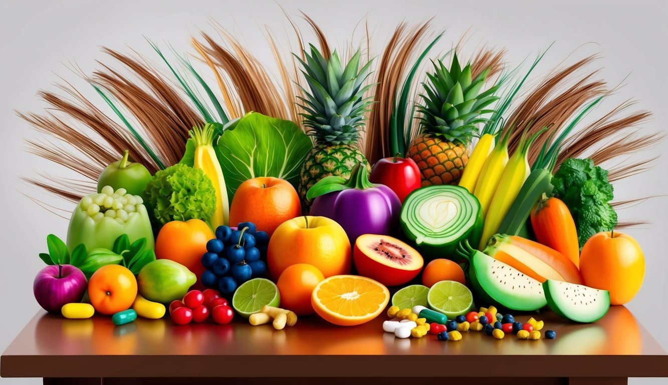 A variety of fruits, vegetables, and supplements arranged on a table, surrounded by vibrant, healthy-looking hair strands