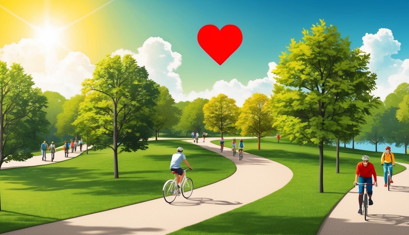 A sunny park with winding paths, trees, and people walking or cycling.</p><p>A heart symbol in the sky