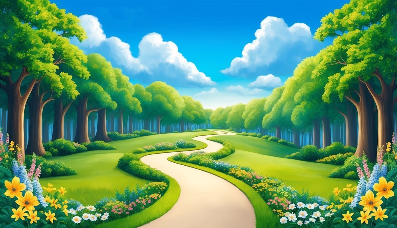 A serene forest with a winding path, surrounded by colorful flowers and lush greenery, under a bright blue sky with fluffy white clouds