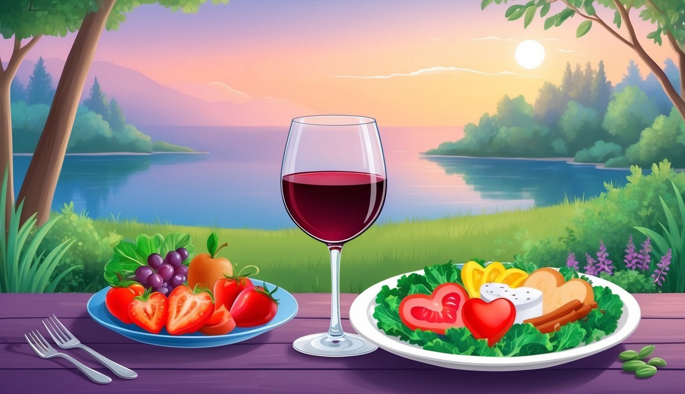 A serene evening with a glass of red wine and a plate of heart-healthy foods, surrounded by a peaceful and natural setting