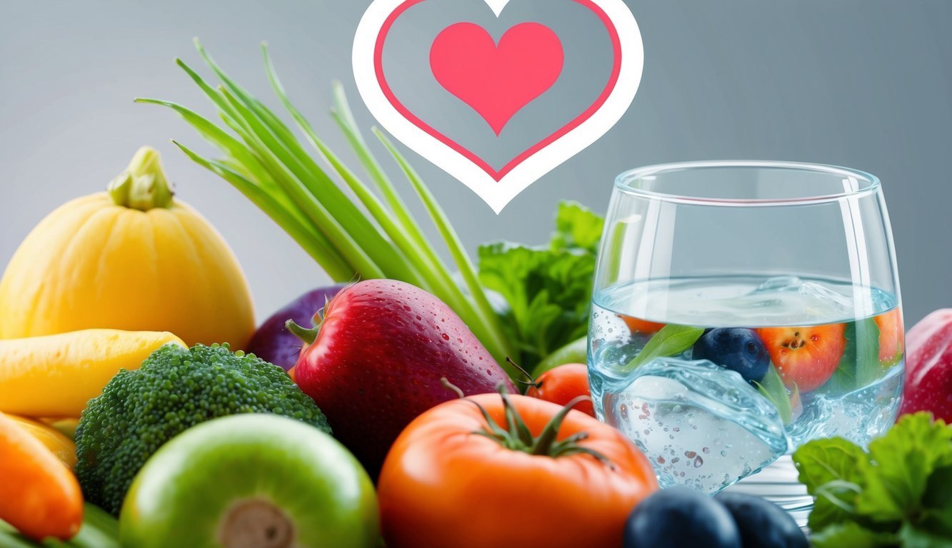 A clear glass of water surrounded by colorful fruits and vegetables, with a heart-shaped symbol in the background