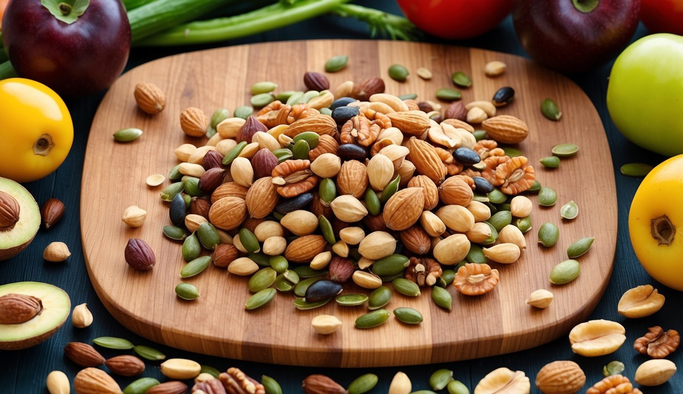 A variety of nuts and seeds scattered on a wooden cutting board, surrounded by colorful fruits and vegetables