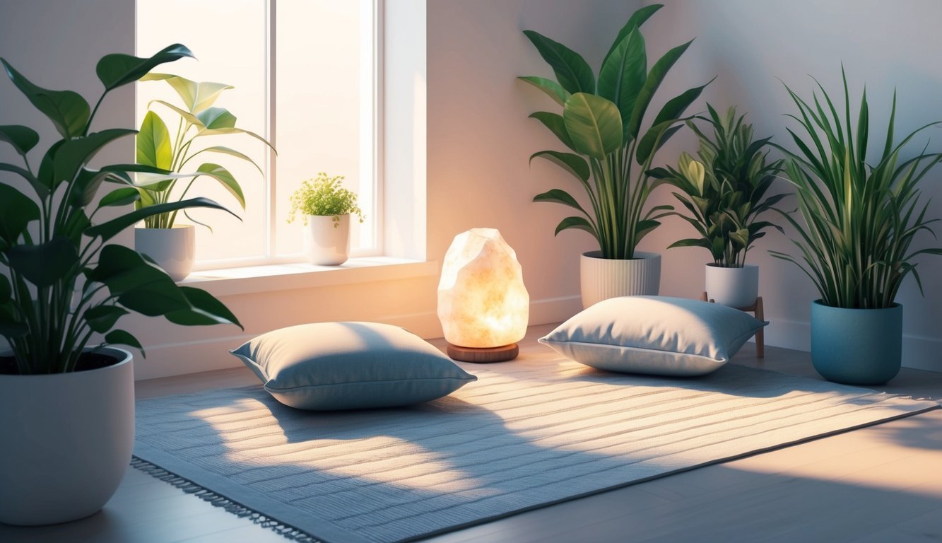 A serene, sunlit room with a mat and cushion, surrounded by plants and calming decor.</p><p>A soft glow from a salt lamp adds to the peaceful atmosphere