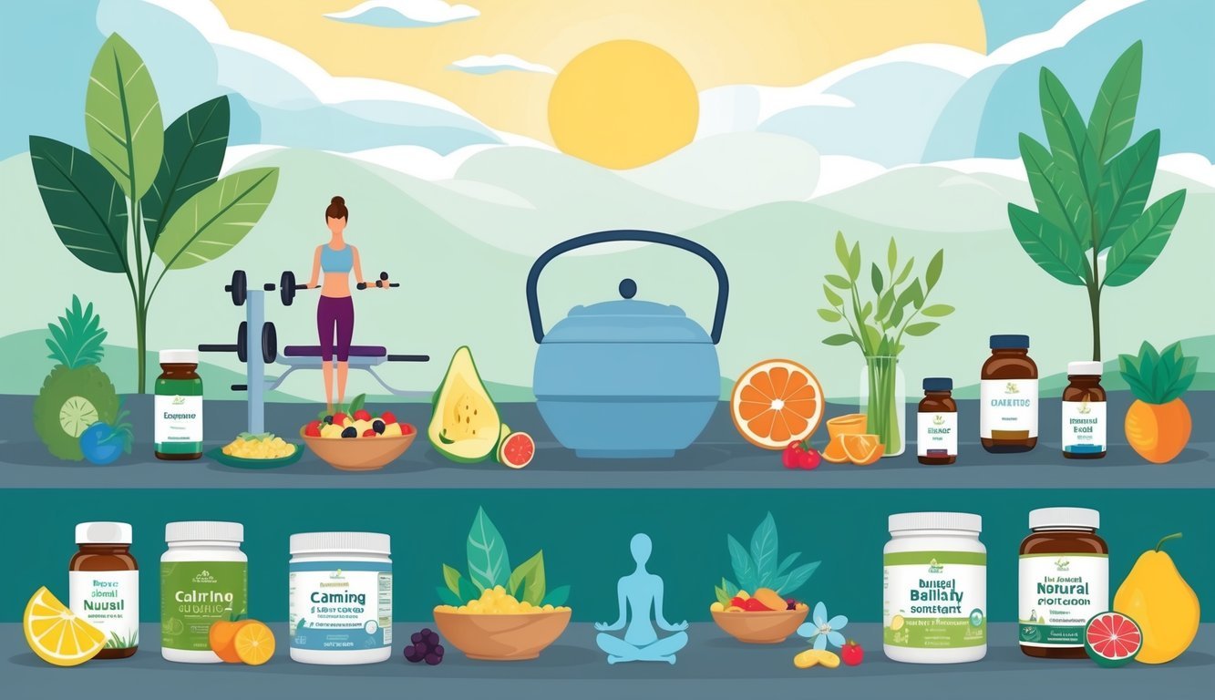 A serene, balanced scene with a variety of healthy foods, exercise equipment, calming activities, and natural supplements