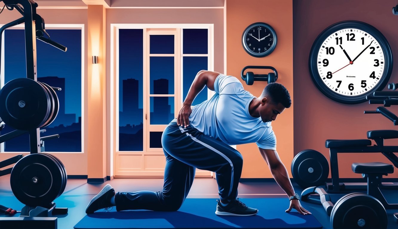 A person stretching in a well-lit gym, surrounded by exercise equipment, with a clock showing a time in the evening