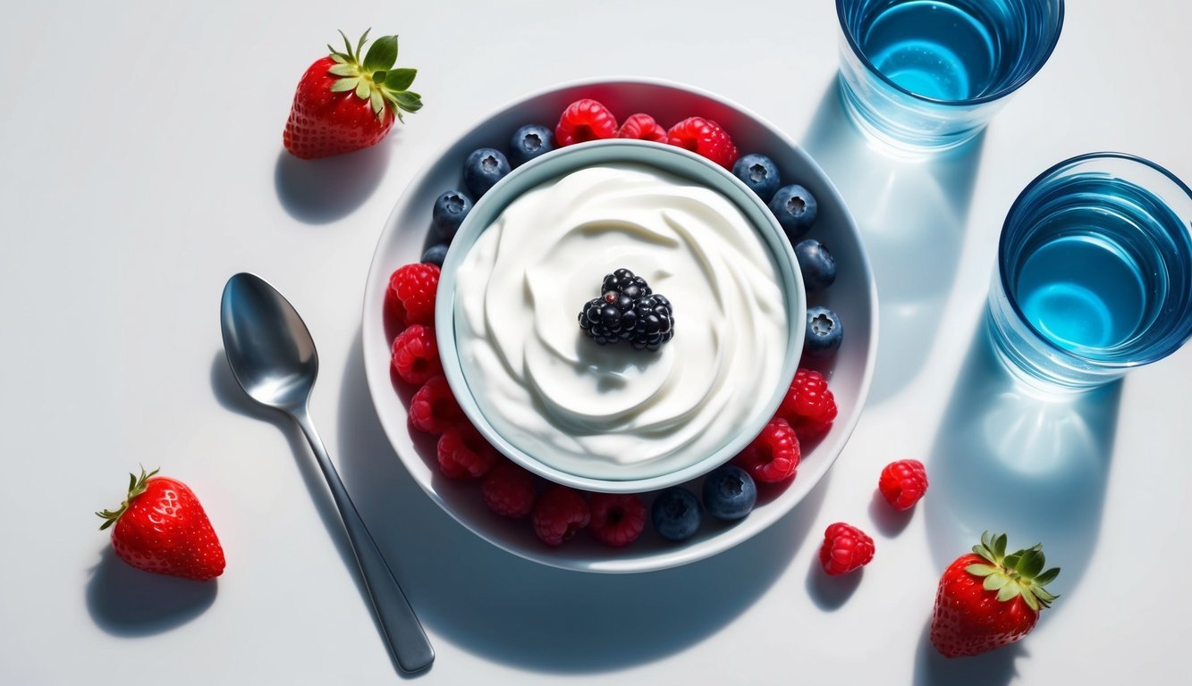 A bowl of Greek yogurt with a spoon beside it, surrounded by fresh berries and a glass of water on a clean, white table