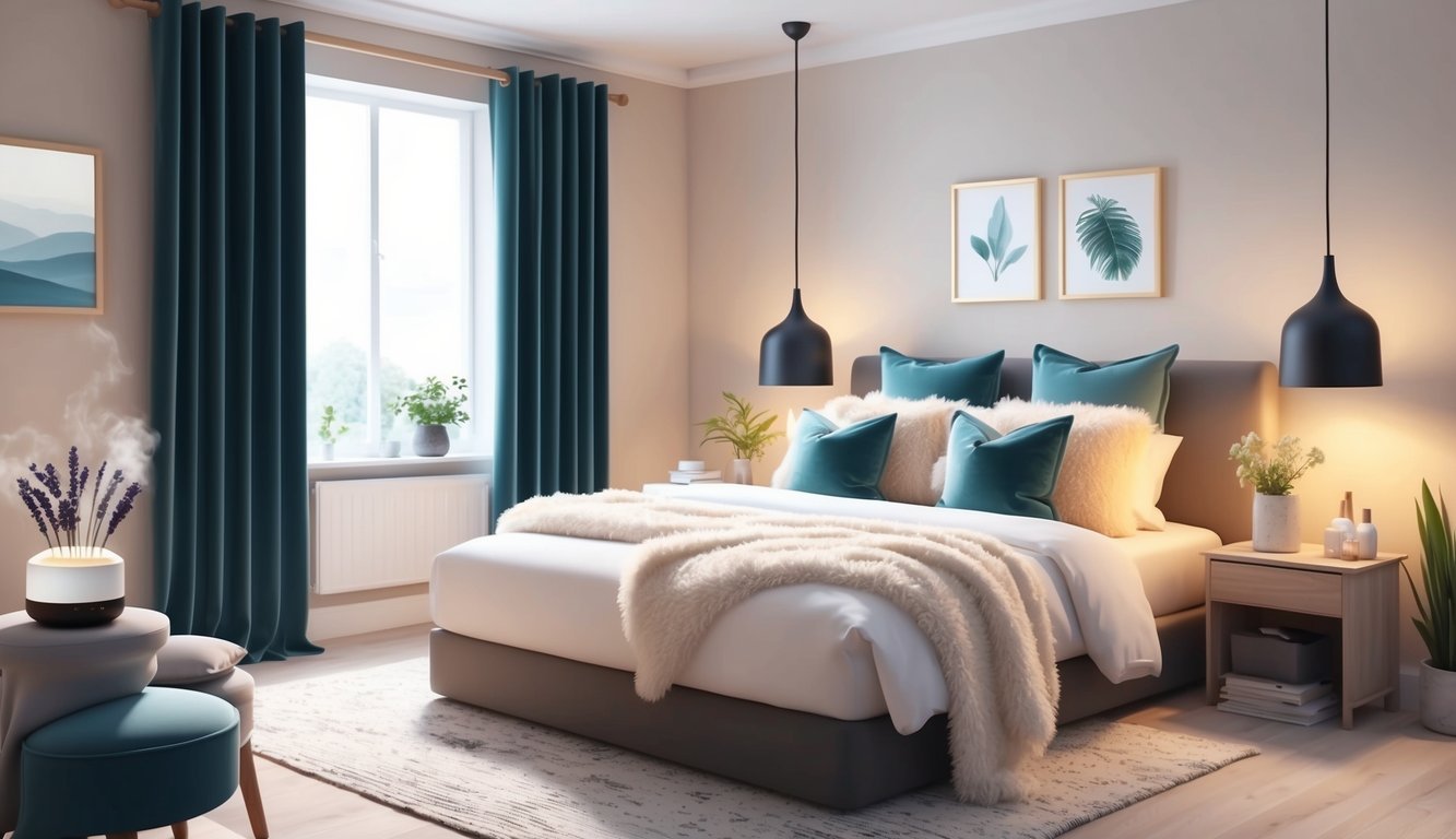 A cozy bedroom with soft lighting, a comfortable bed with fluffy pillows and blankets, blackout curtains, a soothing aroma diffuser, and a clutter-free environment