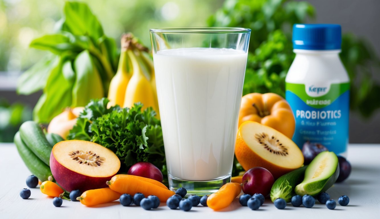 A glass of kefir surrounded by fresh fruits and vegetables, with a bottle of probiotics in the background