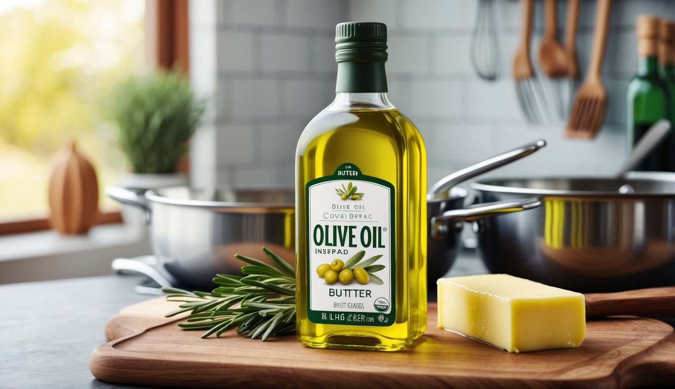 A bottle of olive oil being used instead of butter in a cooking setting