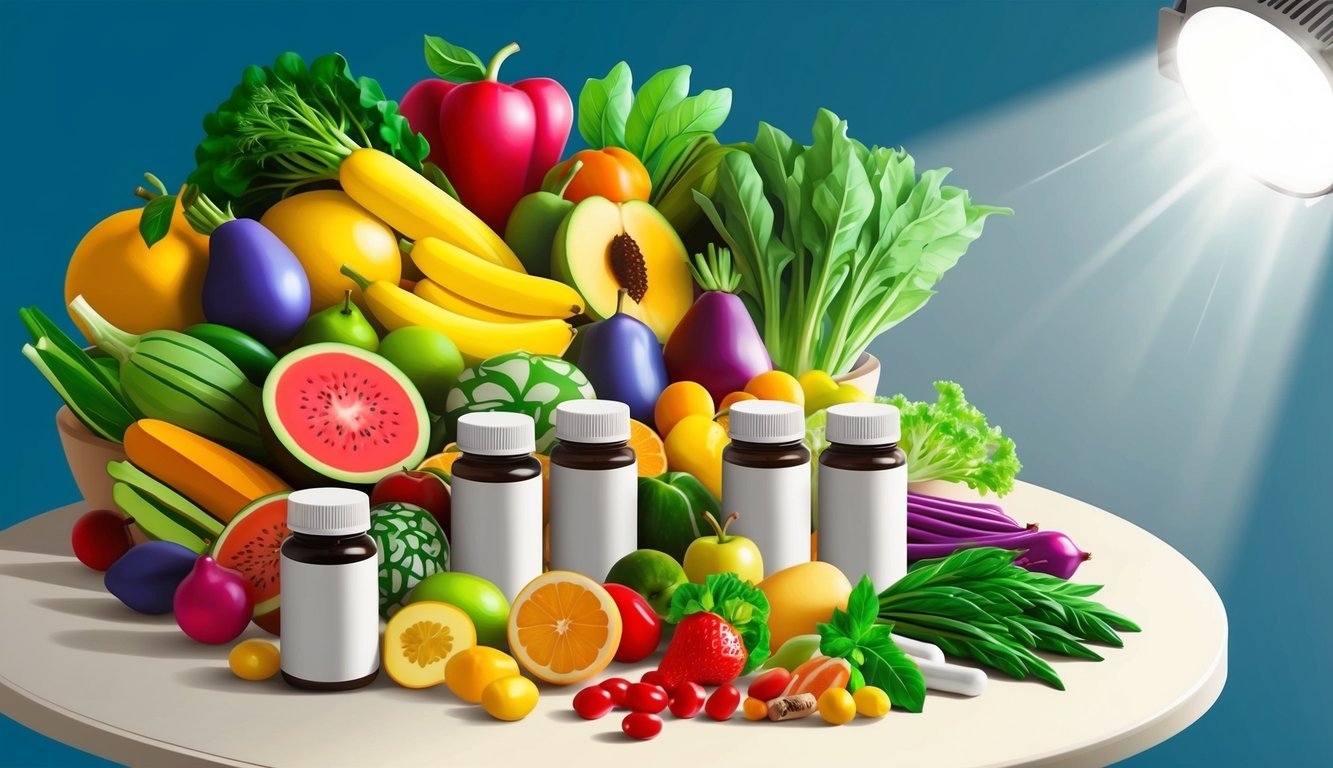 A table with a variety of colorful fruits, vegetables, and supplement bottles arranged neatly, with a bright spotlight shining on them