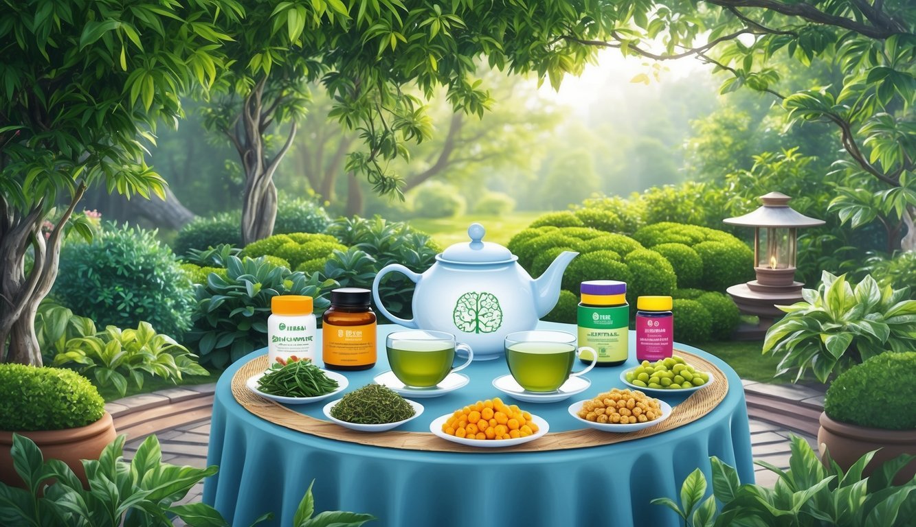 A serene tea garden with a table set with green tea and a variety of brain-boosting supplements and foods, surrounded by lush greenery and peaceful ambiance