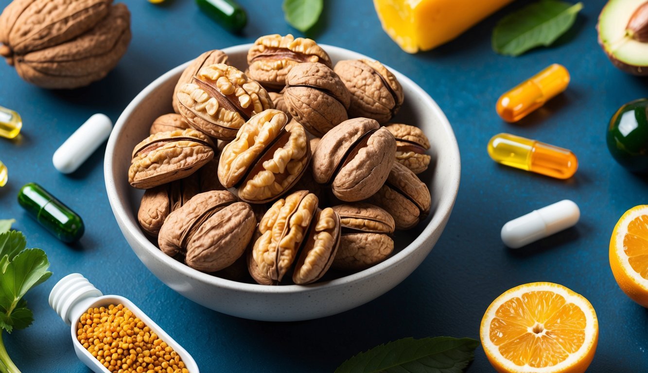 A bowl of walnuts surrounded by various supplements and foods associated with supporting healthy brain aging