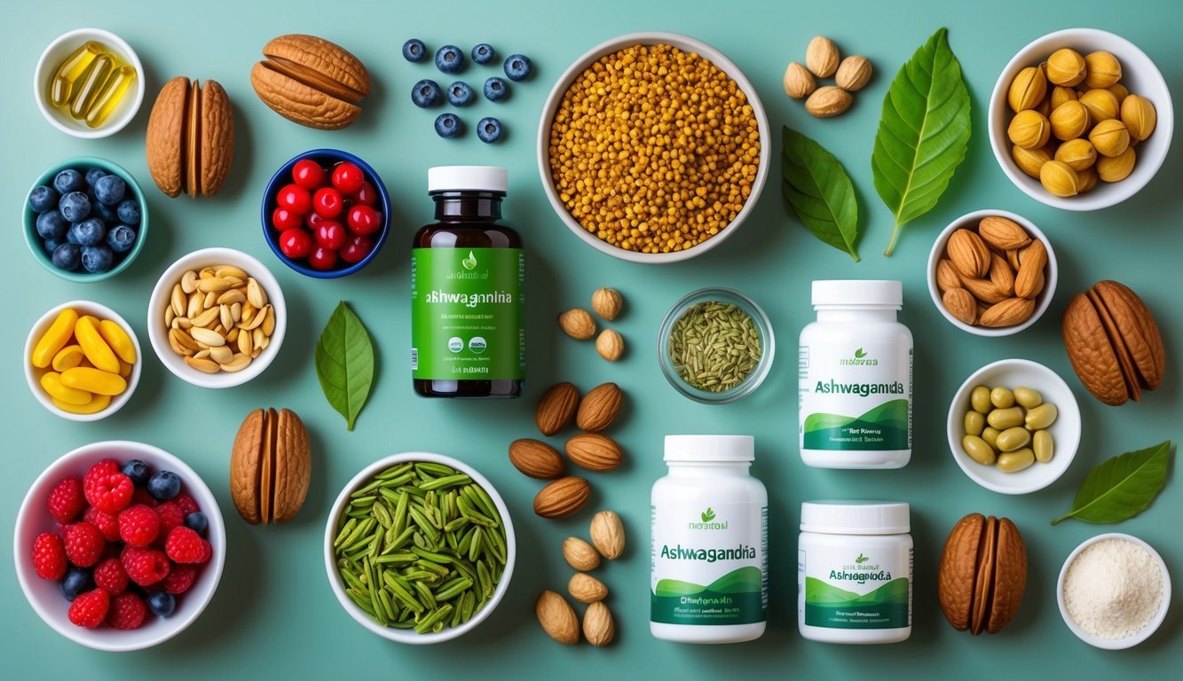 A table with various supplements and foods, such as berries, nuts, and capsules of ashwagandha, arranged in a visually appealing manner