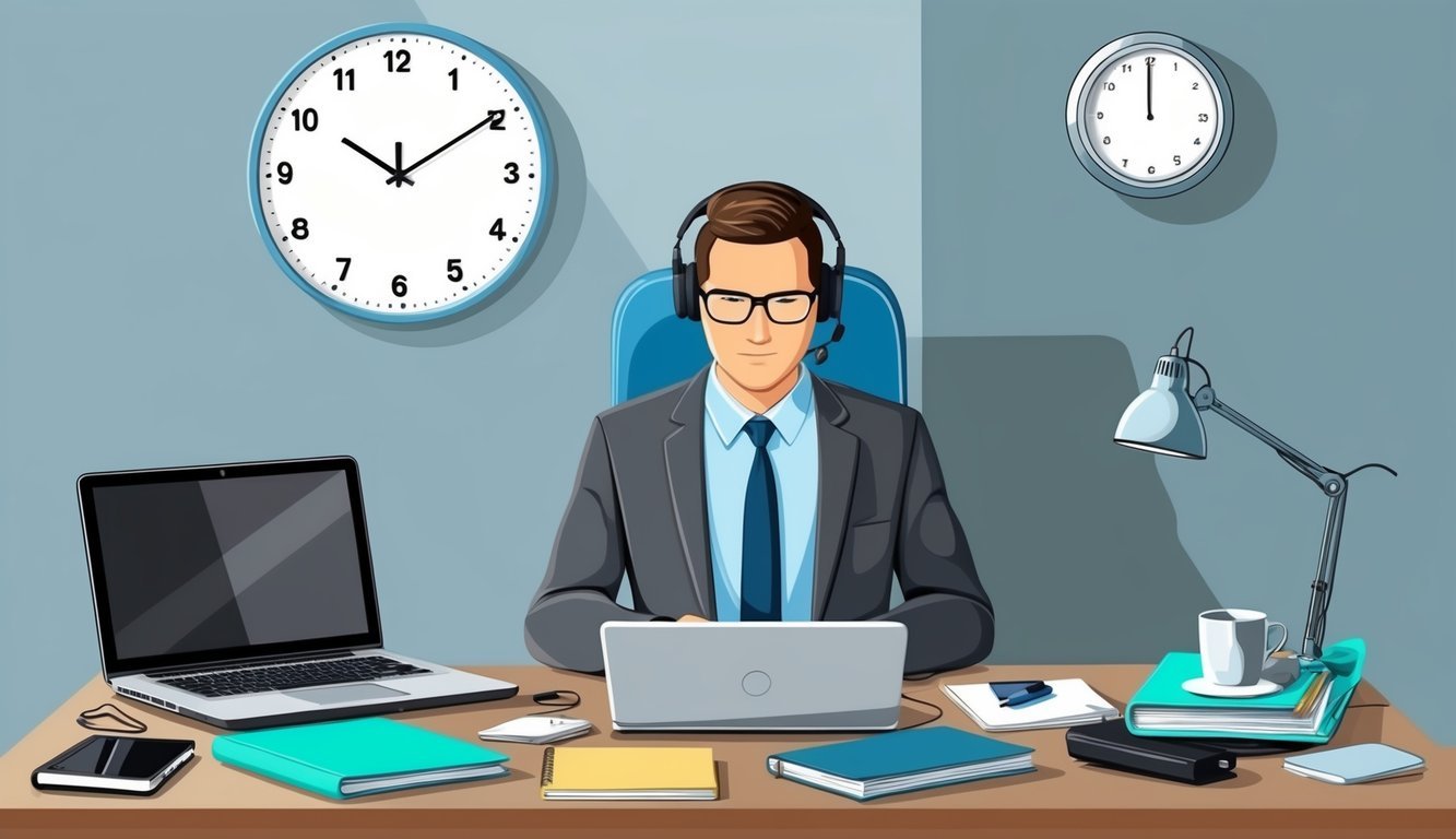 A cluttered desk with a laptop, notebook, and headphones.</p><p>A clock on the wall shows the passing of time.</p><p>A focused professional sits in a chair, surrounded by a calm and organized workspace