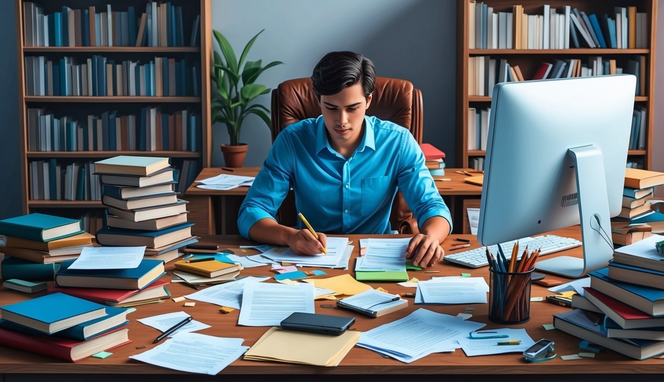 A cluttered desk with scattered papers and a focused individual surrounded by books and a computer, diligently working despite distractions