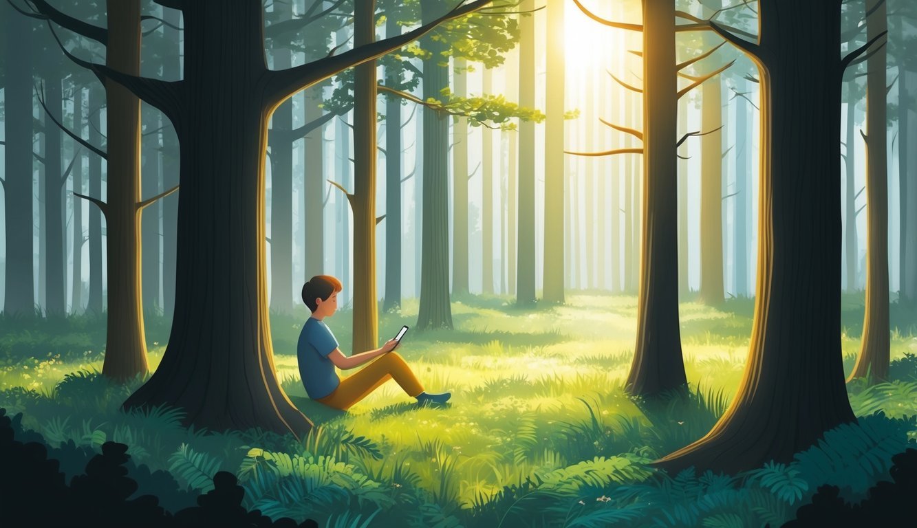 Sunlight filters through dense trees onto a tranquil forest floor, where a person could be seen using the Forest app to improve concentration and focus