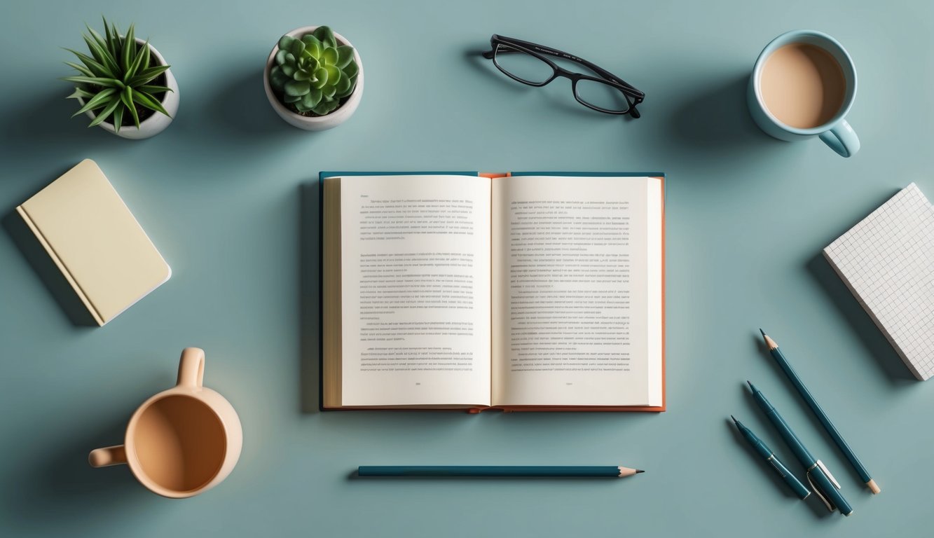 A clutter-free desk with a single open book, surrounded by a serene and focused environment with no distractions