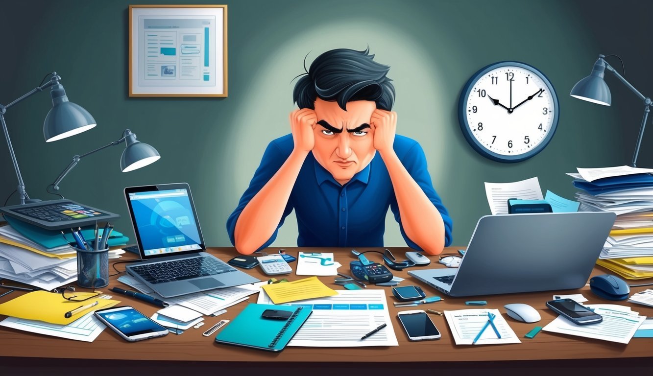 A cluttered desk with multiple devices and papers, a clock ticking in the background, a person with a furrowed brow trying to focus amidst the chaos