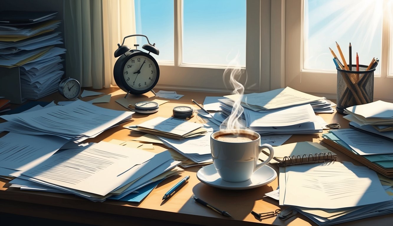 A cluttered desk with scattered papers, a ticking clock, and a steaming cup of coffee.</p><p>Sunlight streams through the window, casting shadows on the chaotic workspace