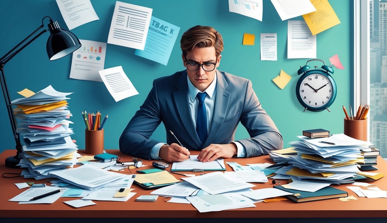 A cluttered desk with scattered papers, a ticking clock, and a focused individual surrounded by distractions